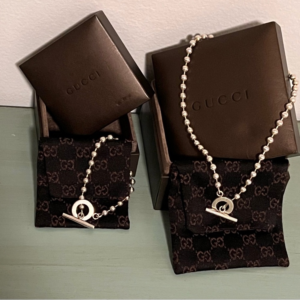 Authentic Gucci Necklace & Bracelet Sterling Silver Boule Chain Toggle T-Bar.